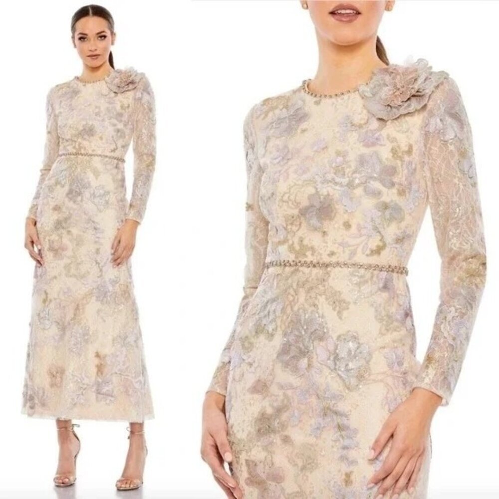 Mac Duggal 11329 Embellished High Neck Long Sleeve Dress In Nude Size 18 NWT